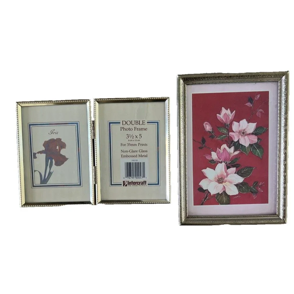 Vintage Gold Tone Brass Picture Frame Lot 5x7 Frame & Hinged Double 3.5x5 Framed